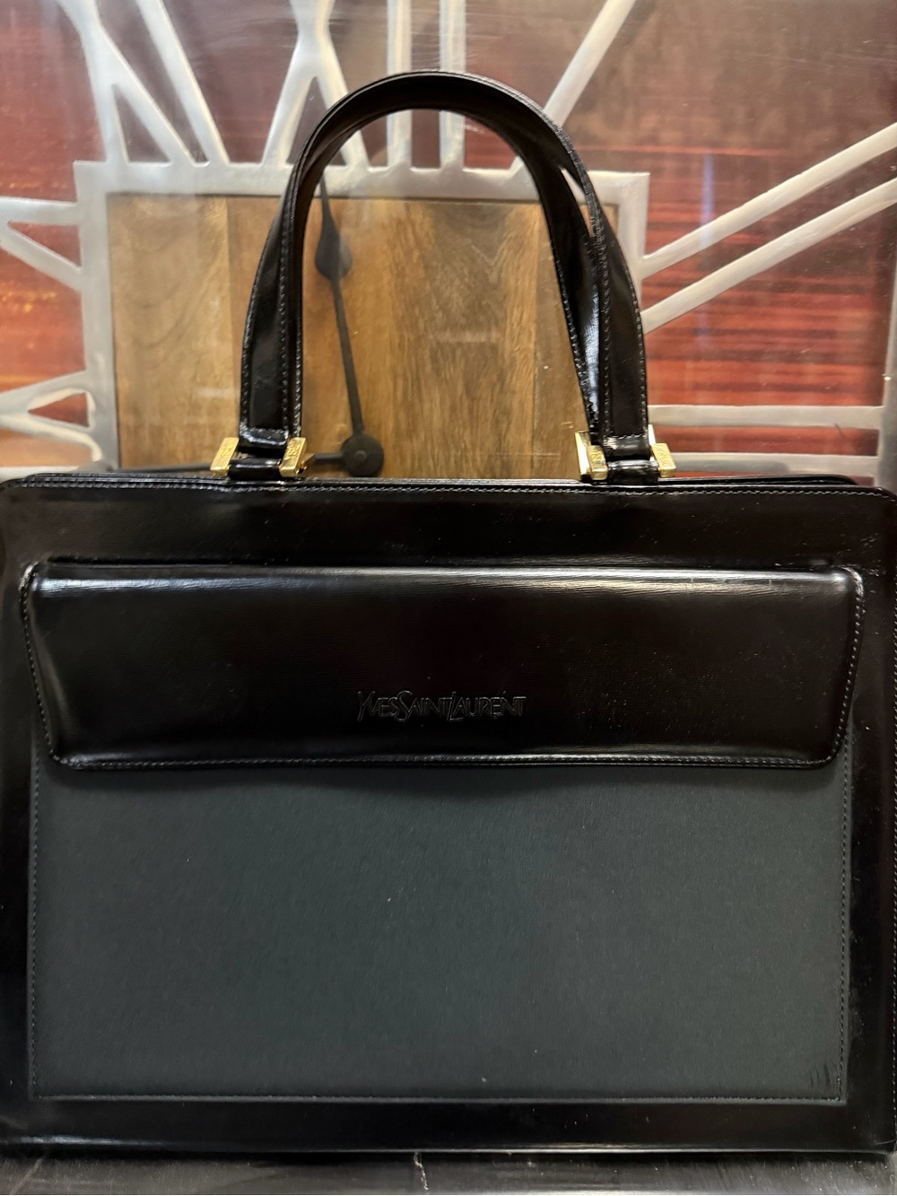 Yves Saint Laurent Black Leather & Fabric Briefcase with Gold Hardware Vintage